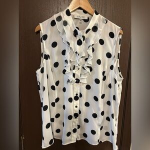 Kasper Black and White Polka Dot Ruffle Sleeveless Blouse 18/XXL